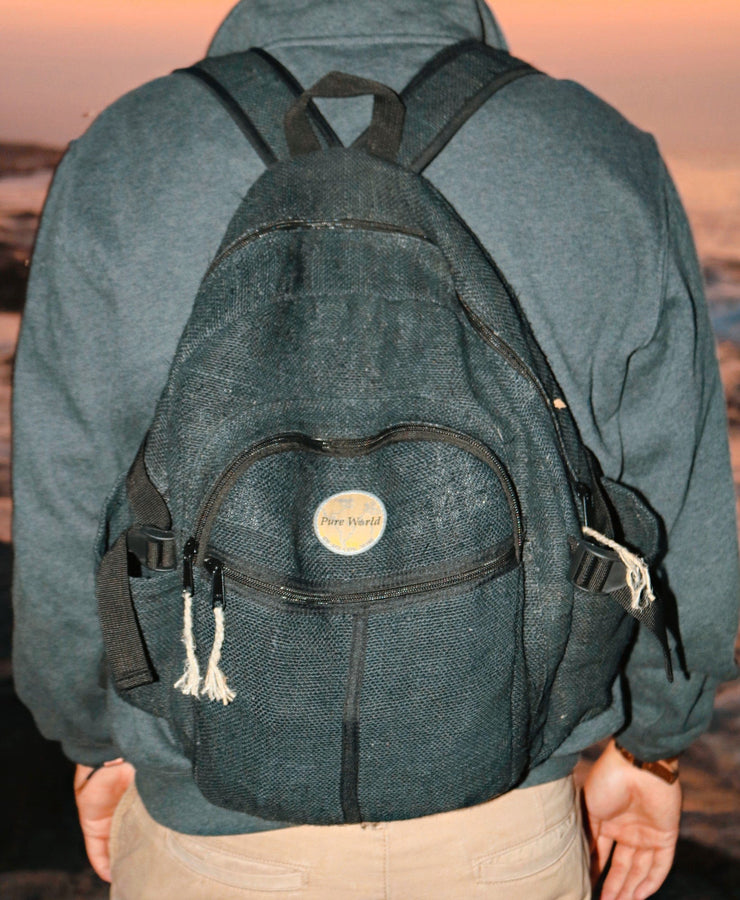 A hand-crafted hemp backpack made in Nepal by Pure World Brands. Lightweight backpack for travel, beach and hiking.